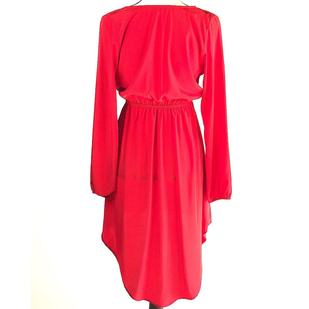 EVERLY RED LONG SLEEVE FAUX WRAP HI LOW DRESS - Picture 3 of 5